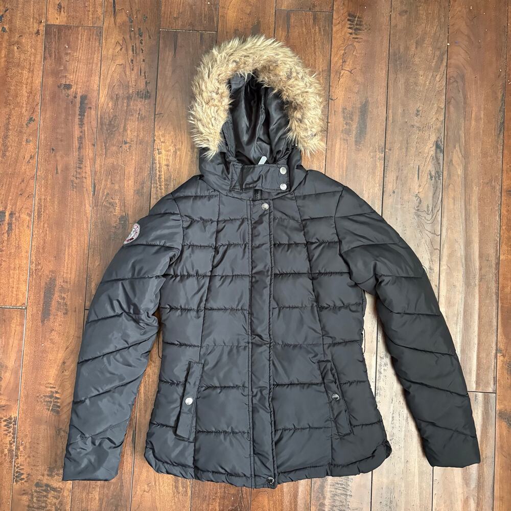 Y2K US Polo Assn Fur Puffer Jacket Womens S Black 2000s Skater Full Zip Outdoors